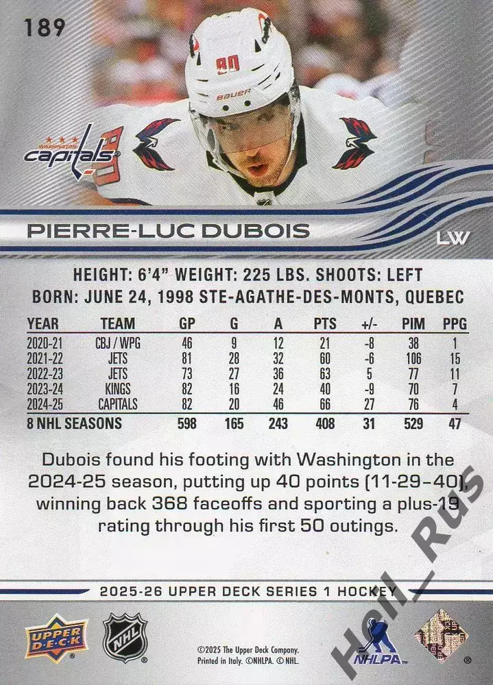 Карточка Dubois/Пьер-Люк Дюбуа (Washington Capitals/Вашингтон Кэпиталз) НХЛ/NHL 1