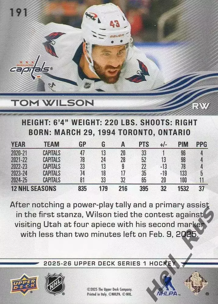 Карточка Tom Wilson/Том Уилсон (Washington Capitals/Вашингтон Кэпиталз) NHL НХЛ 1