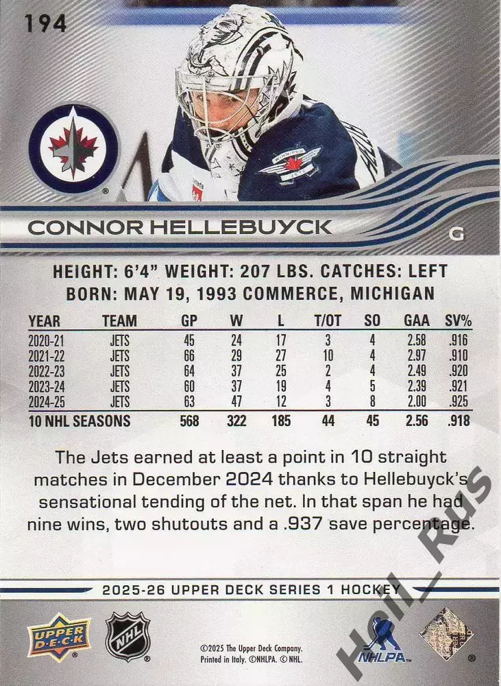 Карточка Connor Hellebuyck/Коннор Хеллебак Winnipeg Jets/Виннипег Джетс; НХЛ/NHL 1
