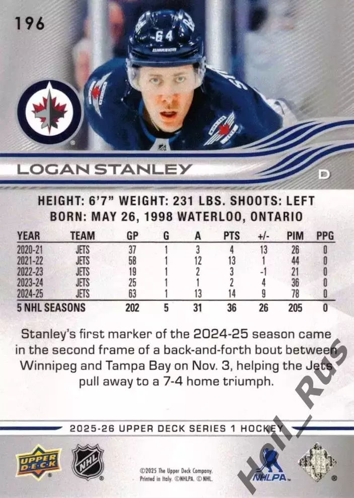 Хоккей; Карточка Logan Stanley/Логан Стэнли Winnipeg Jets/Виннипег Джетс НХЛ/NHL 1