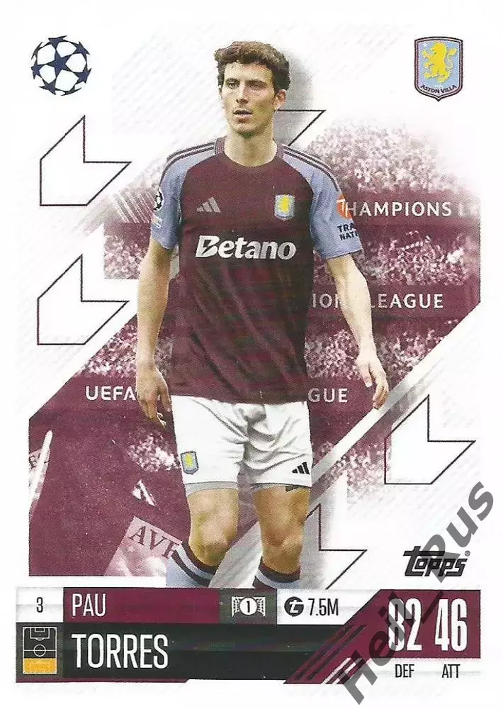 Футбол. Карточка Пау Торрес (Астон Вилла, Вильярреал) Лига Чемпионов 2024-25