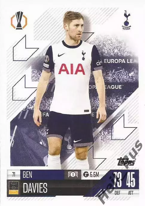 Футбол. Карточка Бен Дэвис (Тоттенхэм Хотспур, Суонси Сити) Лига Европы 2024-25