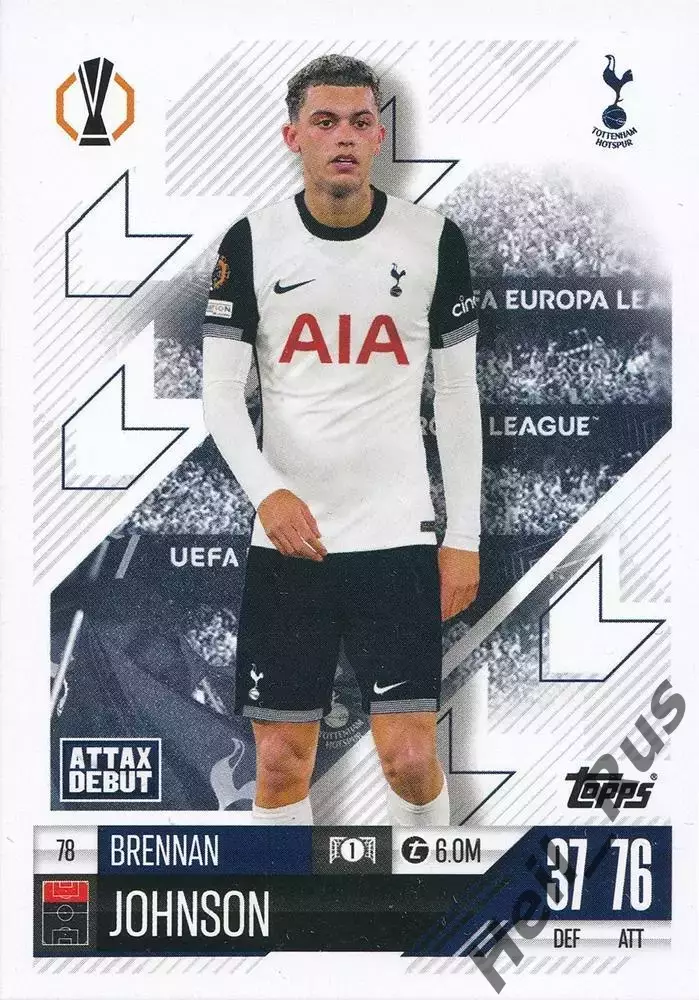 Футбол. Карточка Бреннан Джонсон (Тоттенхэм Хотспур) Лига Европы 2024-25 TOPPS