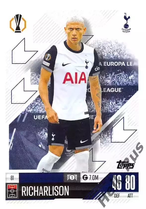 Футбол. Карточка Ришарлисон Тоттенхэм Хотспур, Эвертон Лига Европы 2024-25 TOPPS