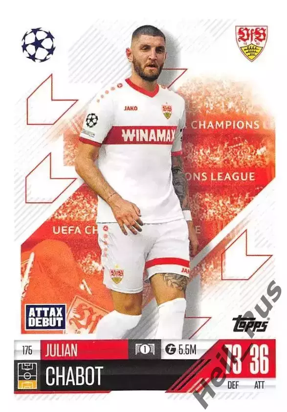 Футбол Карточка Юлиан Шабо Штутгарт/Сампдория/Кельн Лига Чемпионов 2024-25 TOPPS