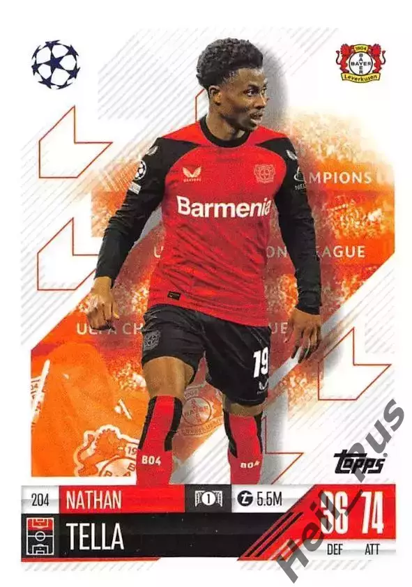 Футбол. Карточка Натан Телла (Байер 04 Леверкузен) Лига Чемпионов 2024-25 TOPPS