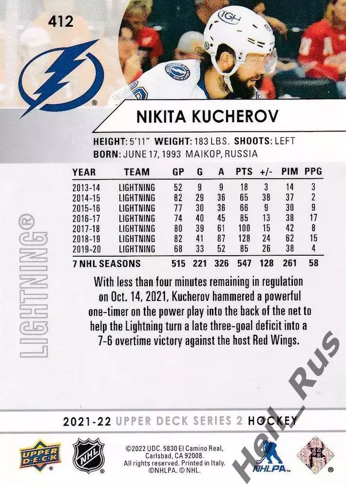 Карточка Никита Кучеров Tampa Bay Lightning/Тампа-Бэй Лайтнинг/ЦСКА NHL/НХЛ/КХЛ 1