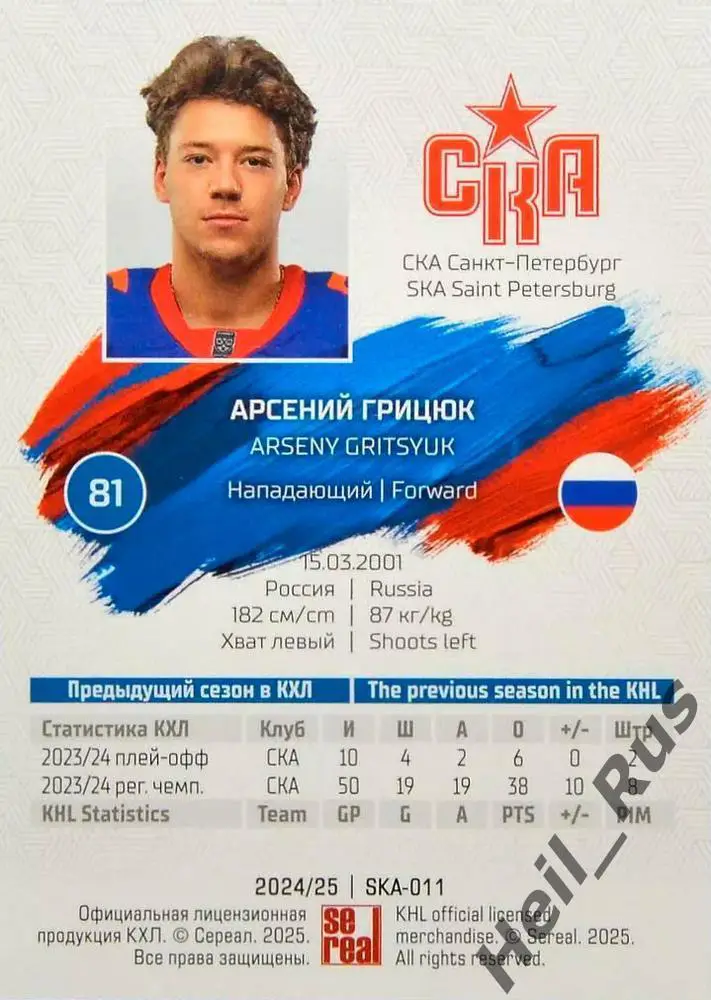 Хоккей. Карточка Арсений Грицюк СКА Санкт-Петербург КХЛ/KHL сезон 2024/25 SeReal 1