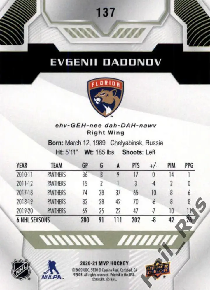Карточка Евгений Дадонов (Florida Panthers/Флорида, Трактор, СКА) НХЛ/NHL, КХЛ 1