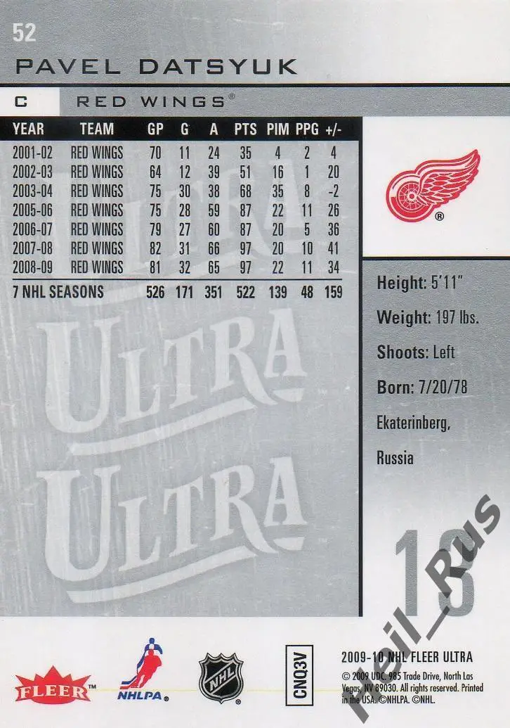 Карточка Павел Дацюк Detroit Red Wings/Детройт, ЦСКА, Автомобилист, СКА НХЛ/КХЛ 1