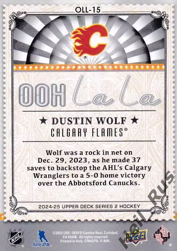 Хоккей. Карточка Dustin Wolf/Дастин Вольф Calgary Flames/Калгари Флэймз НХЛ/NHL 1