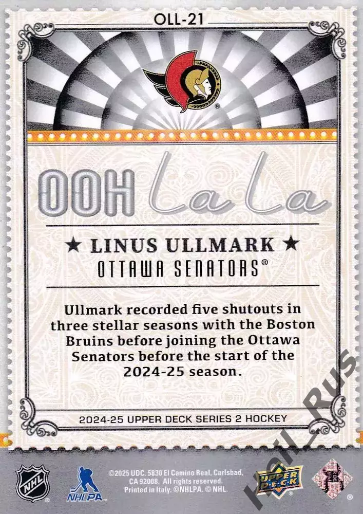 Хоккей Карточка Linus Ullmark/Линус Улльмарк Boston Bruins/Бостон Брюинз NHL-НХЛ 1