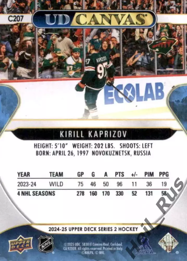 Карточка Кирилл Капризов Миннесота Уайлд/Металлург Новокузнецк/ЦСКА НХЛ/NHL КХЛ 1