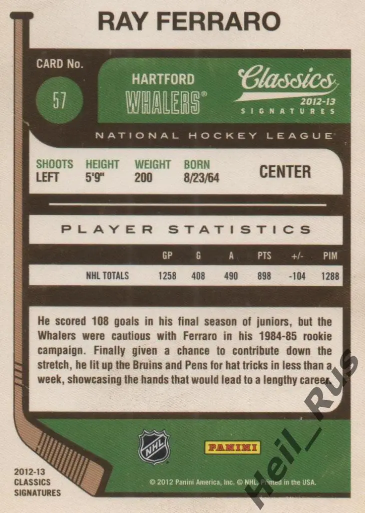 Хоккей. Карточка Ray Ferraro / Рэй Ферраро (Hartford Whalers/Хартфорд) НХЛ/NHL 1