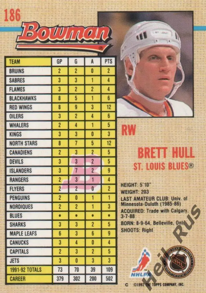 Хоккей. Карточка Brett Hull/Бретт Халл (St. Louis Blues/Сент-Луис Блюз) НХЛ/NHL 1