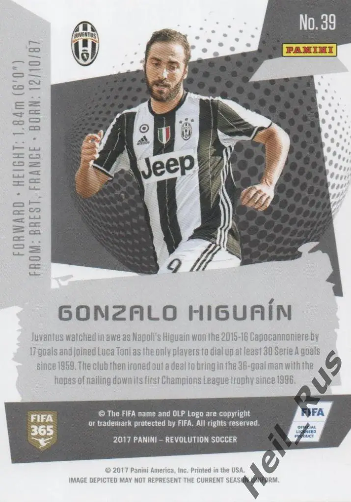Футбол Карточка Гонсало Игуаин Ювентус, Реал Мадрид, Наполи, Милан, Челси Panini 1