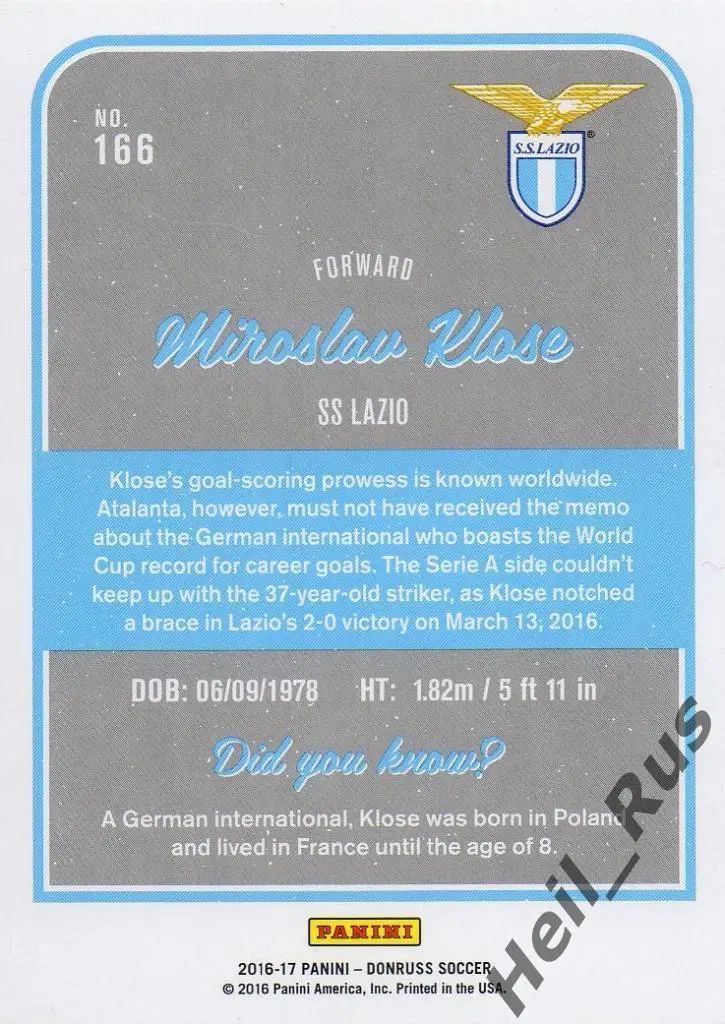 Футбол. Карточка Miroslav Klose/Мирослав Клозе Лацио, Бавария Panini/Панини 2016 1