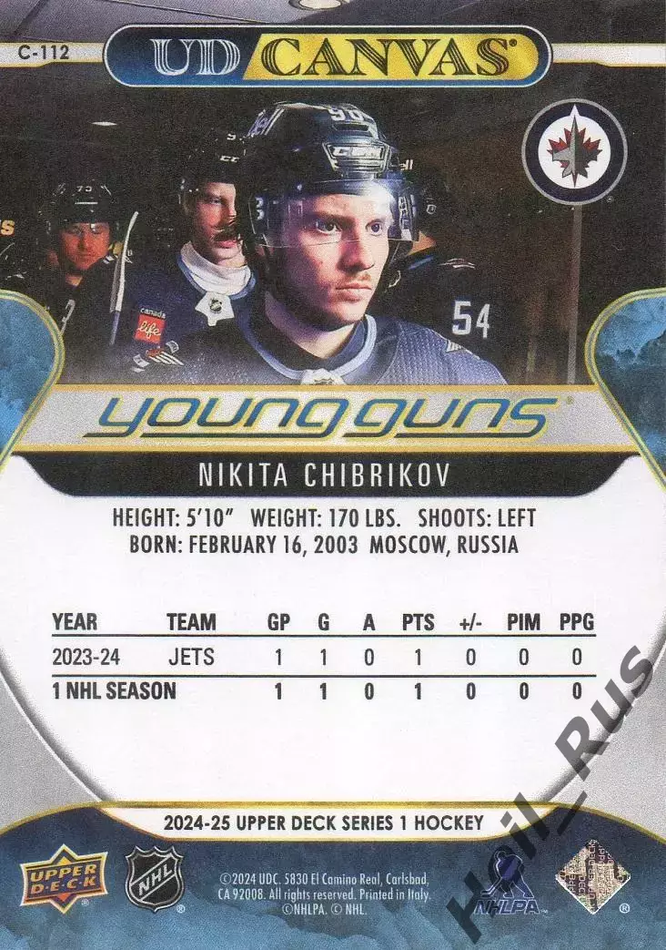Карточка Никита Чибриков Виннипег Джетс, Спартак/Динамо Москва/СКА/Химик НХЛ/КХЛ 1