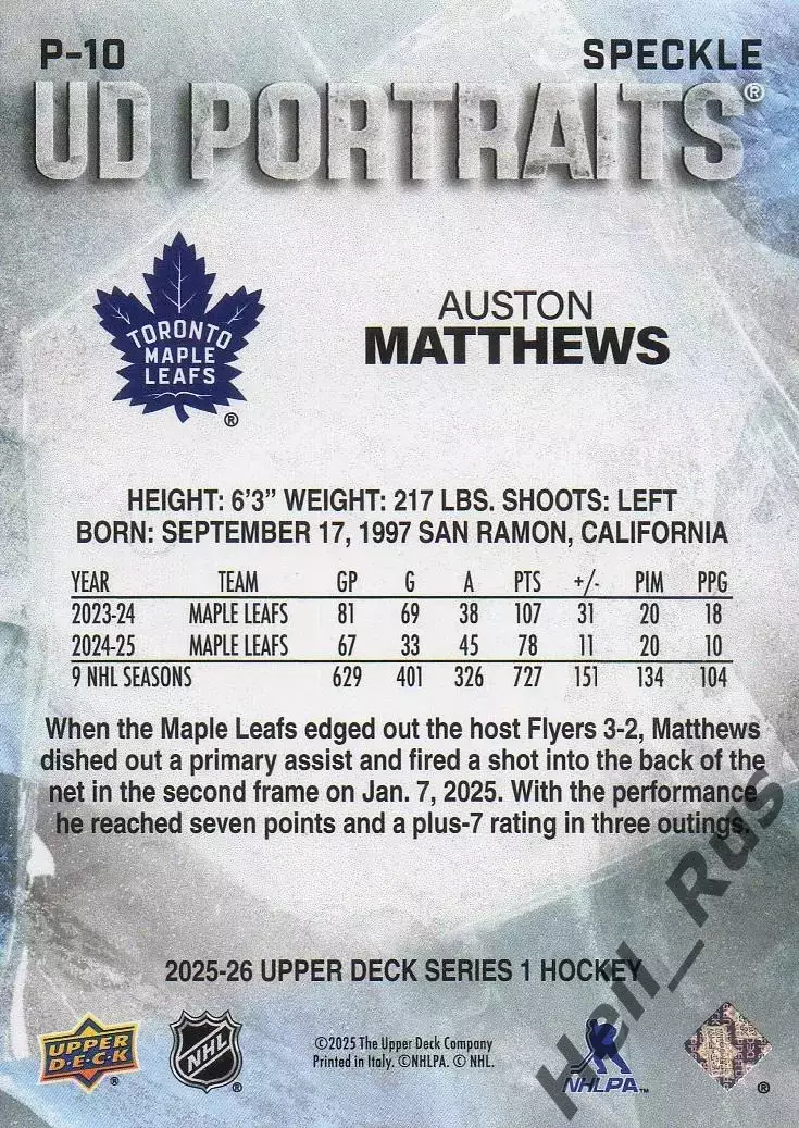 Карточка Auston Matthews/Остон Мэттьюс (Toronto Maple Leafs/Торонто) НХЛ / NHL 1