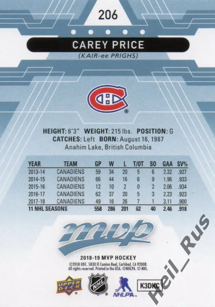 Хоккей; Карточка Carey Price/Кэри Прайс (Montreal Canadiens / Монреаль) НХЛ/NHL 1