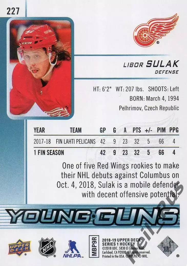 Карточка Либор Шулак Детройт Ред Уингз, Адмирал/Авангард/Северсталь НХЛ/NHL, КХЛ 1