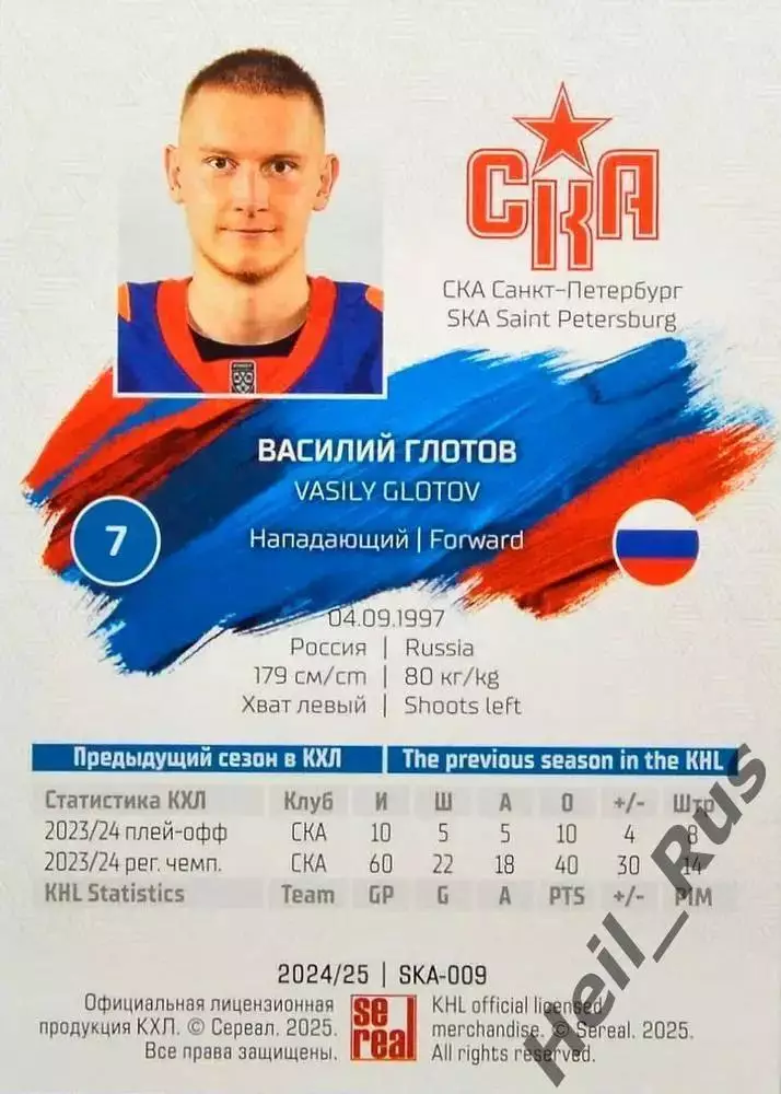 Хоккей. Карточка Василий Глотов СКА Санкт-Петербург КХЛ/KHL сезон 2024/25 SeReal 1