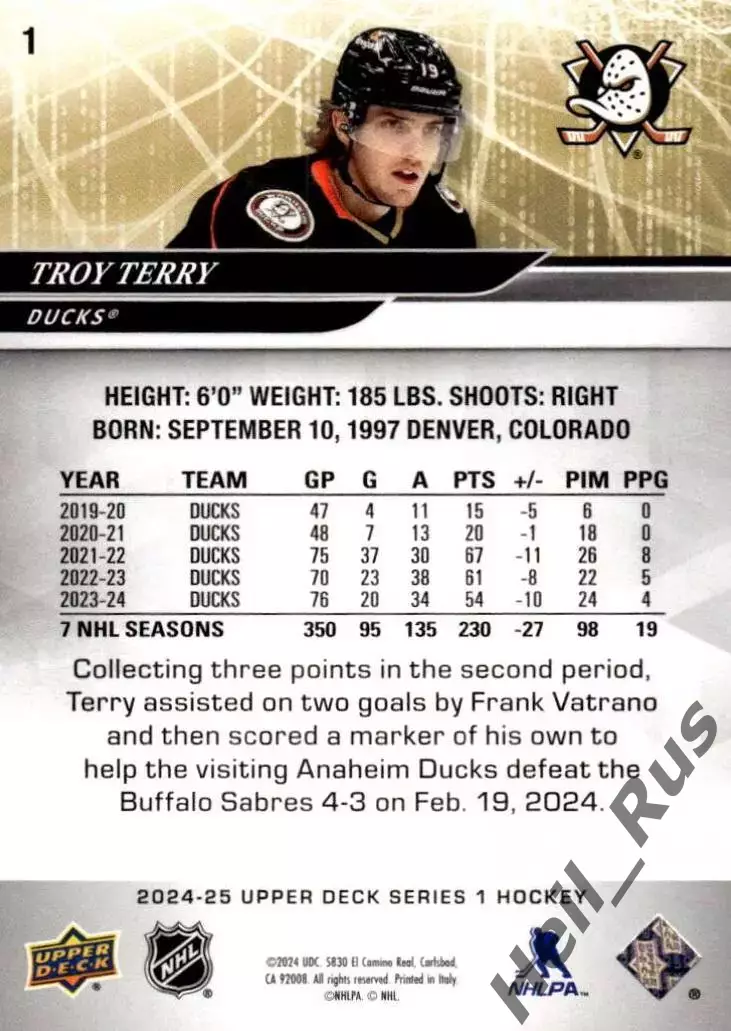 Хоккей Карточка Troy Terry/Трой Терри Anaheim Ducks/Анахайм Дакс НХЛ/NHL 2024/25 1
