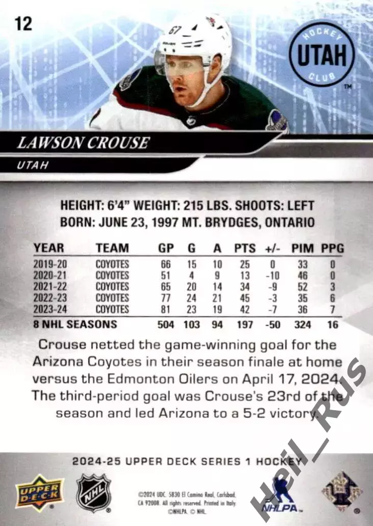 Карточка Lawson Crouse/Лоусон Крауз (Arizona Coyotes/Аризона, Utah/Юта) НХЛ/NHL 1