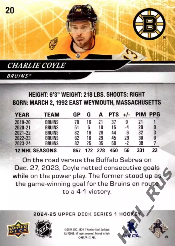 Хоккей Карточка Charlie Coyle / Чарли Койл (Boston Bruins/Бостон Брюинз) НХЛ/NHL 1