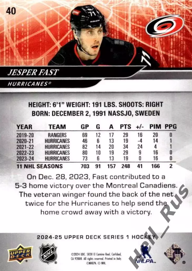 Карточка Jesper Fast/Йеспер Фаст Carolina Hurricanes/Каролина Харрикейнз НХЛ-NHL 1