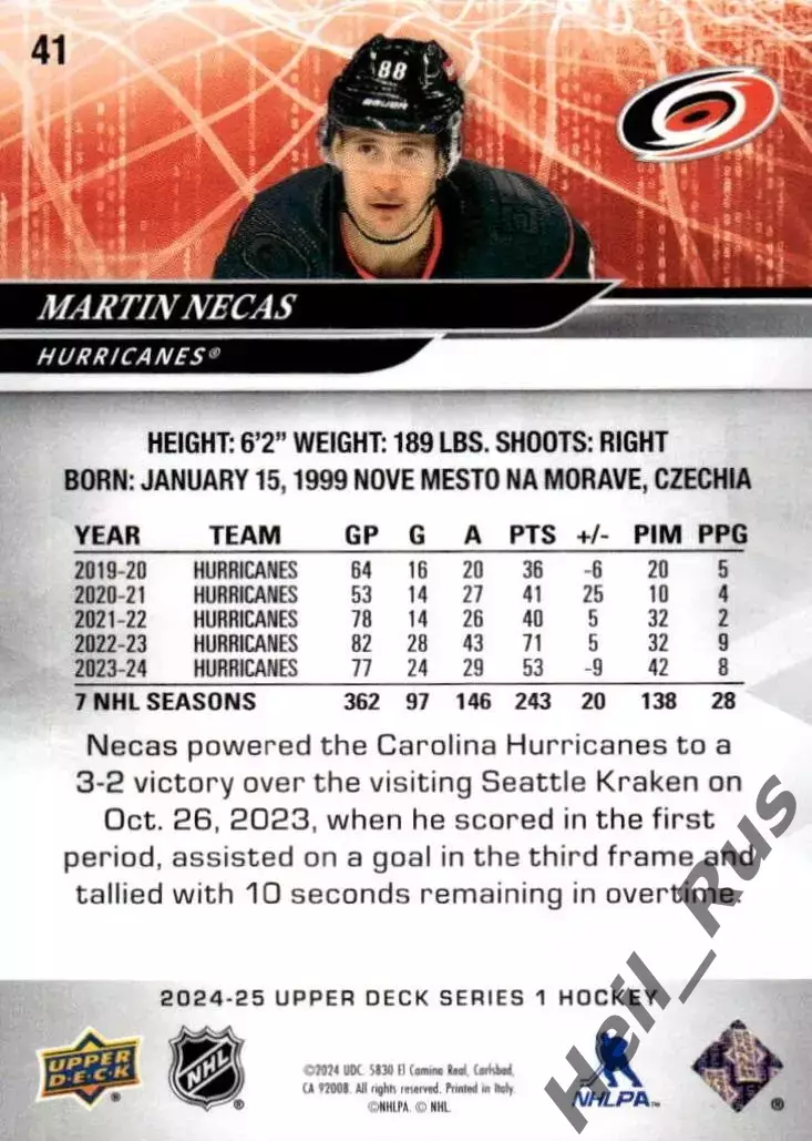 Хоккей Карточка Martin Necas / Мартин Нечас Carolina Hurricanes/Каролина НХЛ/NHL 1