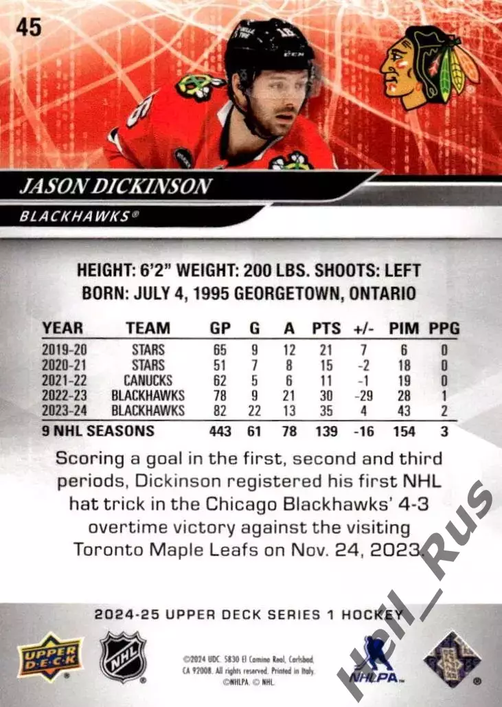 Карточка Dickinson/Джейсон Дикинсон (Chicago Blackhawks/Чикаго Блэкхокс) НХЛ-NHL 1