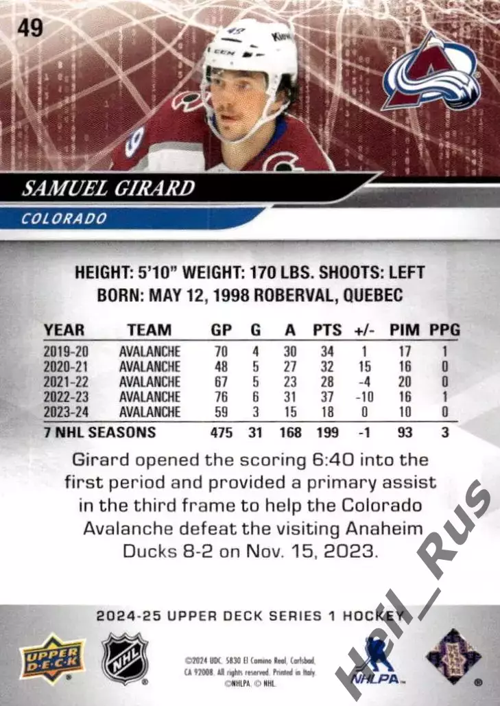 Карточка Samuel Girard/Самуэль Жирар Colorado Avalanche/Колорадо Эвеланш NHL/НХЛ 1