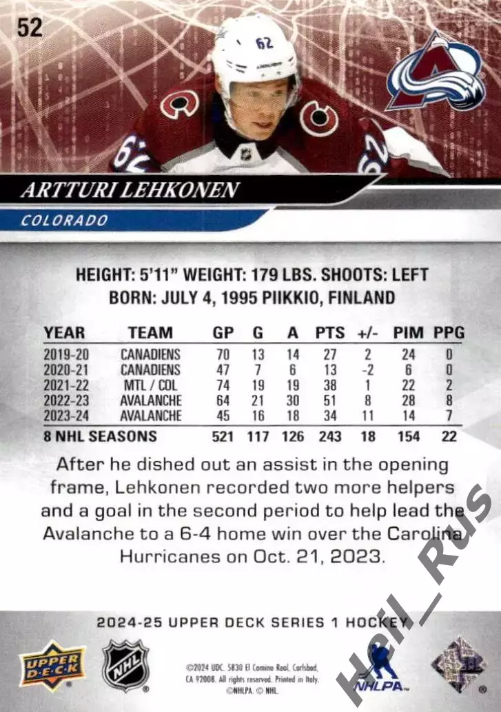 Карточка Artturi Lehkonen/Арттури Лехконен (Colorado Avalanche/Колорадо) НХЛ/NHL 1