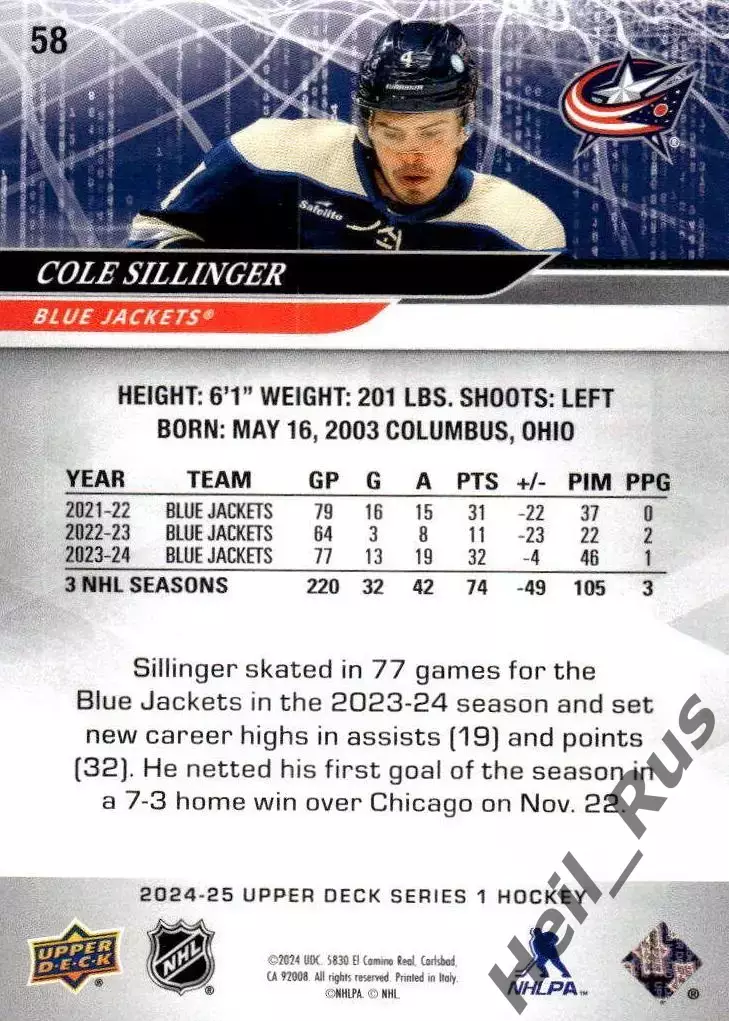 Карточка Cole Sillinger/Коул Силлинджер (Columbus Blue Jackets/Коламбус) NHL НХЛ 1