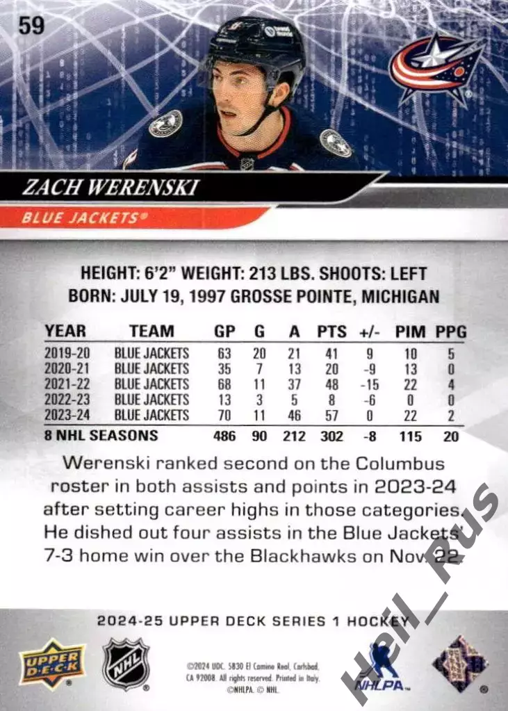 Карточка Zach Werenski/Зак Веренски (Columbus Blue Jackets/Коламбус) НХЛ / NHL 1