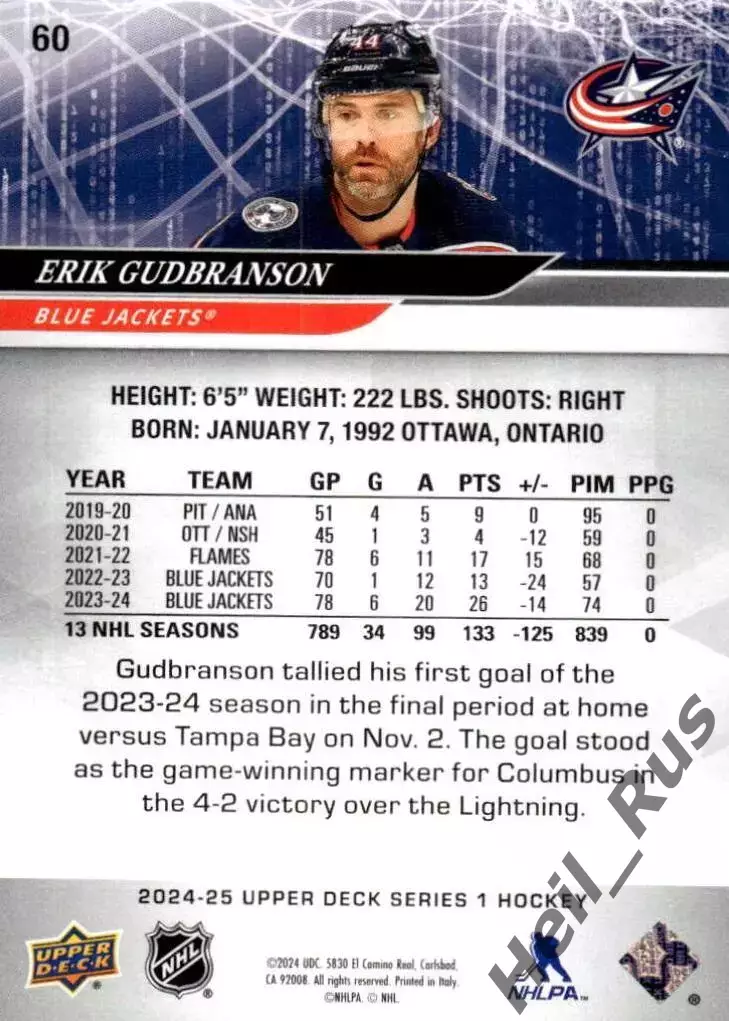 Карточка Erik Gudbranson/Эрик Гудбрансон Columbus Blue Jackets/Коламбус NHL/НХЛ 1
