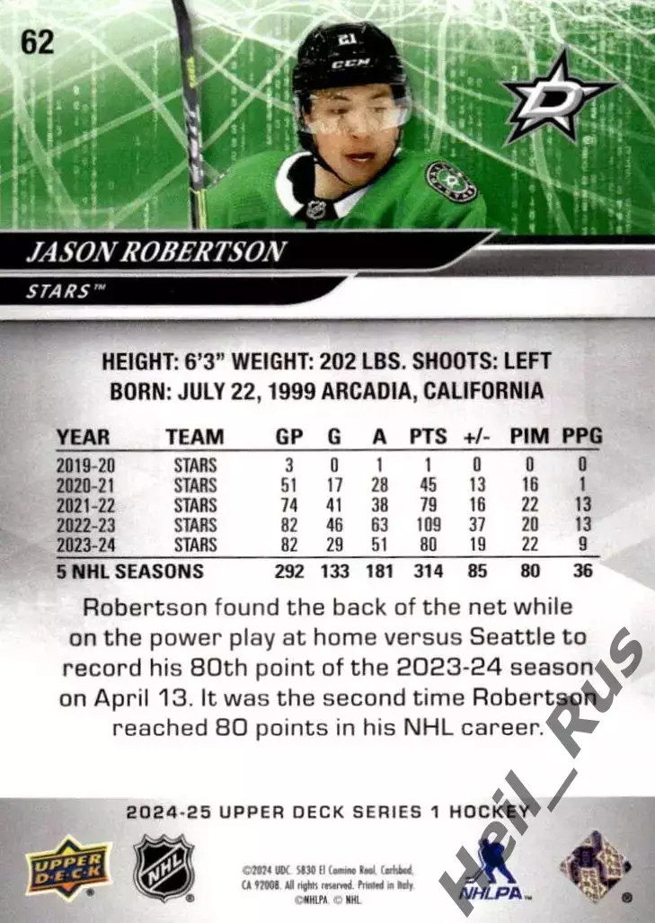 Карточка Jason Robertson / Джейсон Робертсон (Dallas Stars/Даллас Старз) NHL НХЛ 1