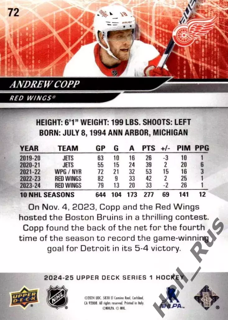 Карточка Andrew Copp/Эндрю Копп (Detroit Red Wings / Детройт Ред Уингз) НХЛ/NHL 1