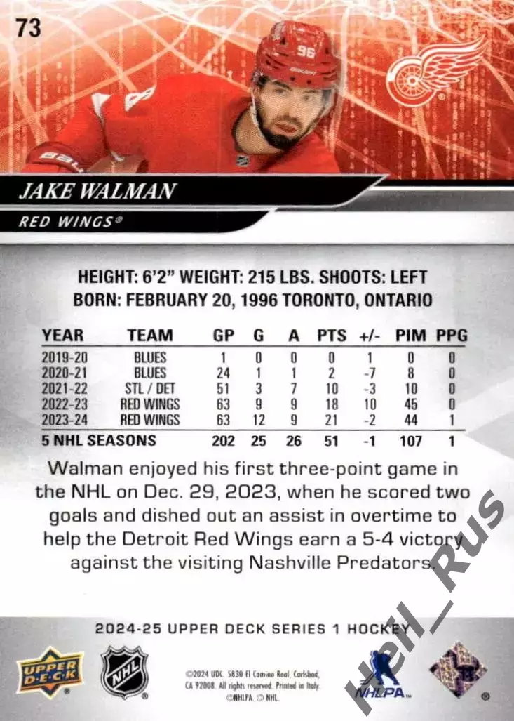 Карточка Jake Walman/Джейк Уолман (Detroit Red Wings/Детройт Ред Уингз) НХЛ/NHL 1