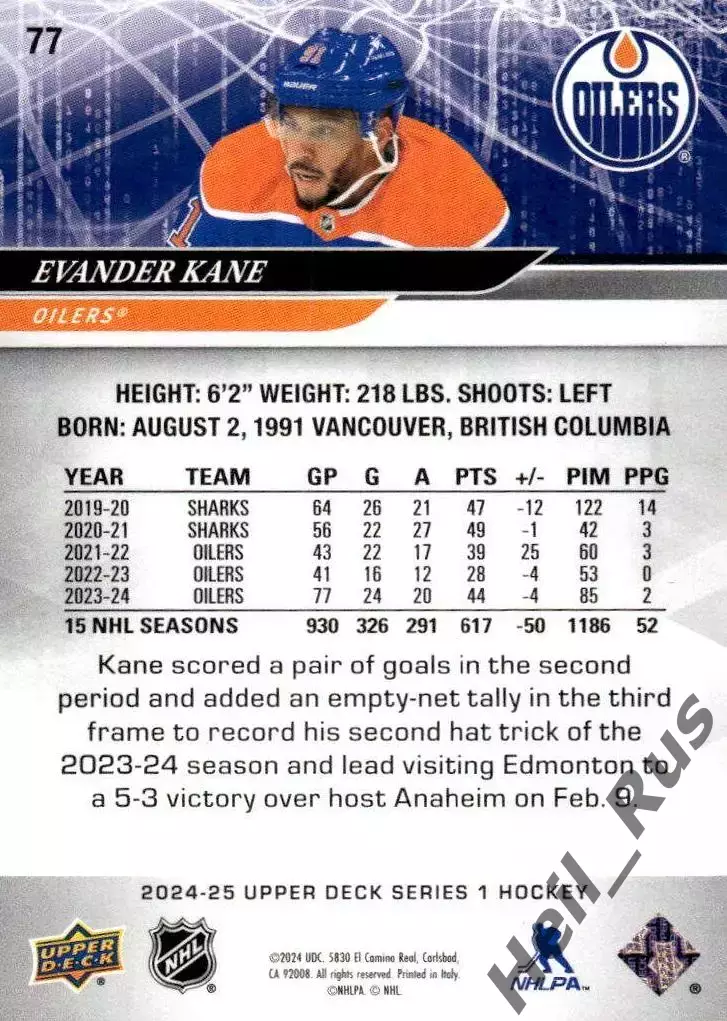 Карточка Эвандер Кейн Edmonton Oilers/Эдмонтон Ойлерз, Динамо Минск НХЛ/NHL/КХЛ 1
