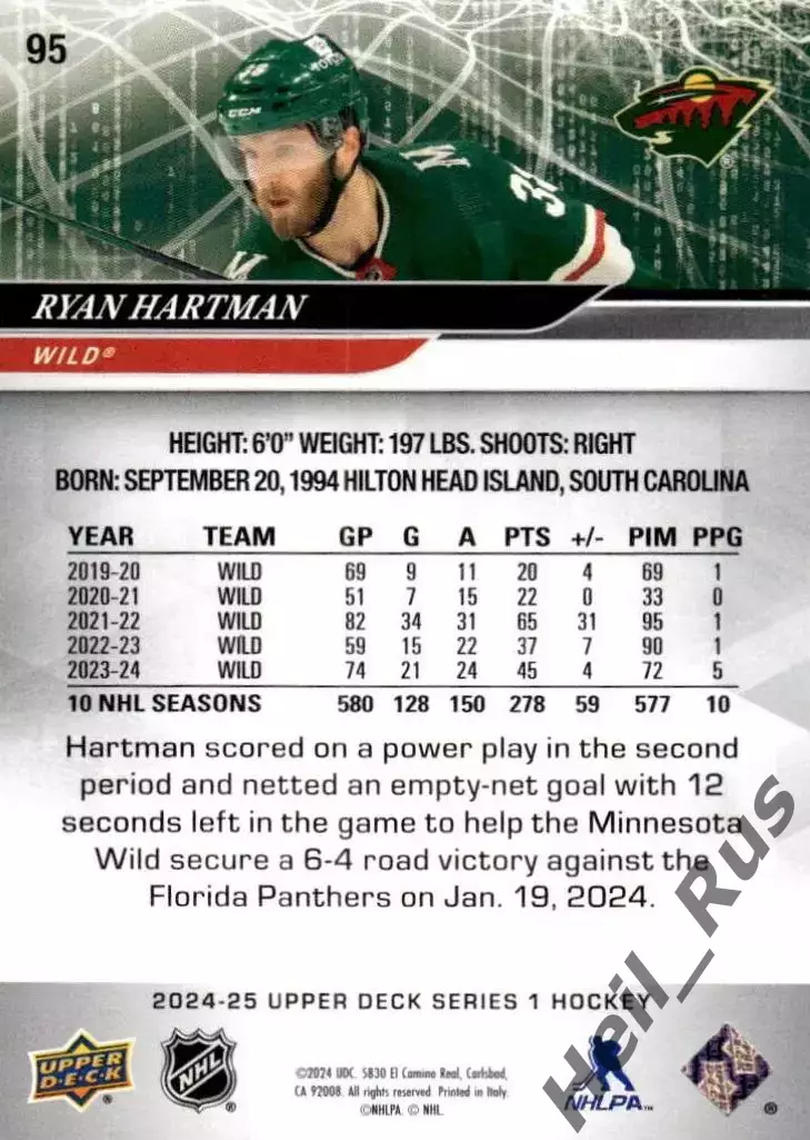 Карточка Ryan Hartman/Райан Хартман (Minnesota Wild/Миннесота Уайлд) НХЛ/NHL 1