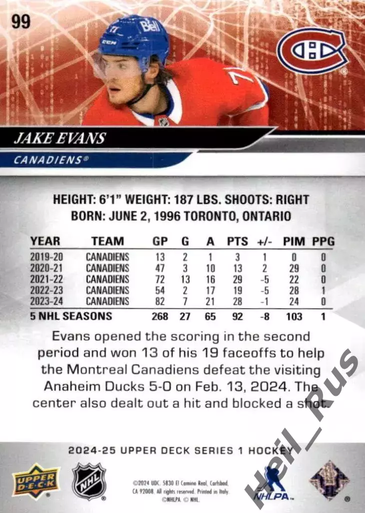 Карточка Jake Evans/Джейк Эванс (Montreal Canadiens/Монреаль Канадиенс) НХЛ/NHL 1