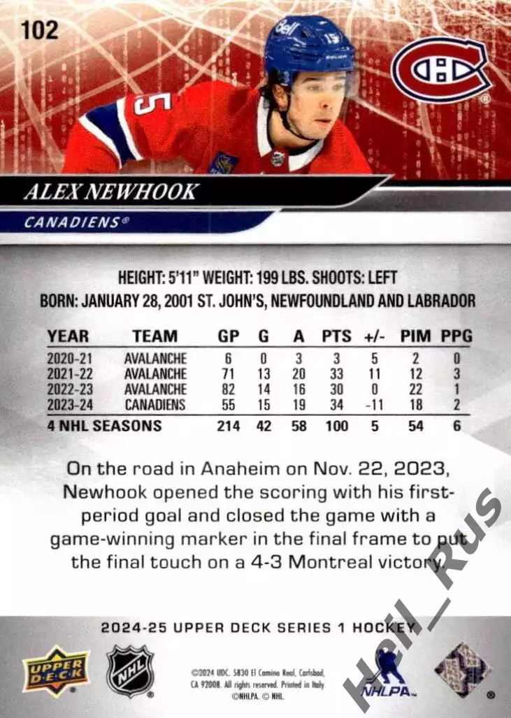 Карточка Alex Newhook/Алекс Ньюхук Montreal Canadiens/Монреаль Канадиенс НХЛ-NHL 1