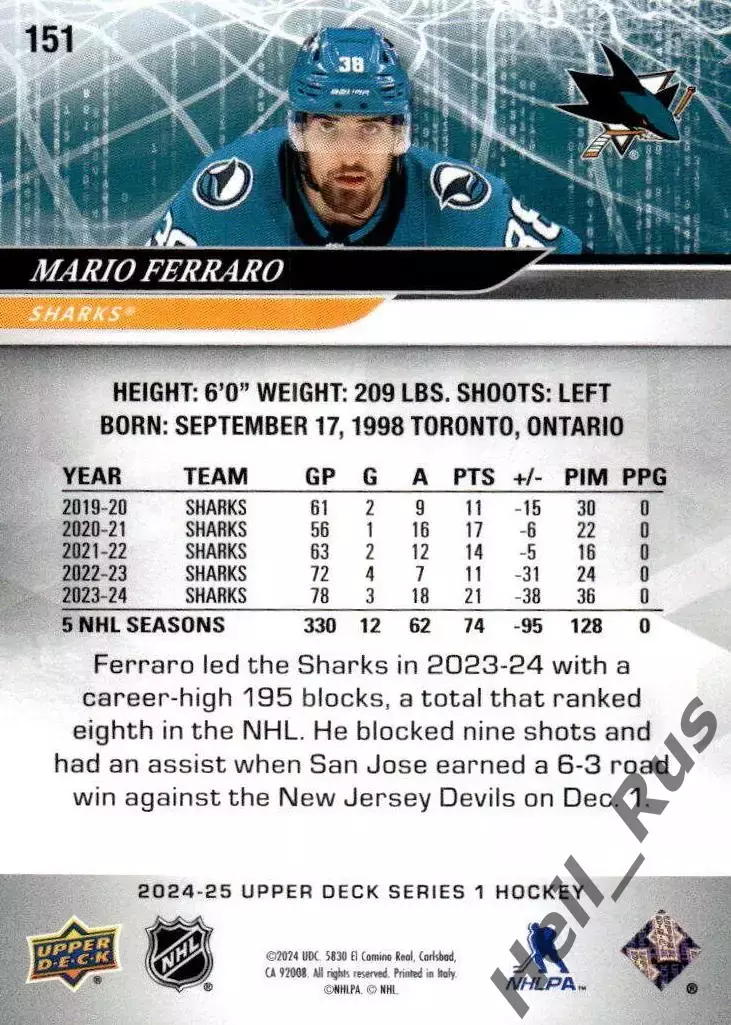 Карточка Mario Ferraro / Марио Ферраро (San Jose Sharks/Сан-Хосе Шаркс) НХЛ/NHL 1