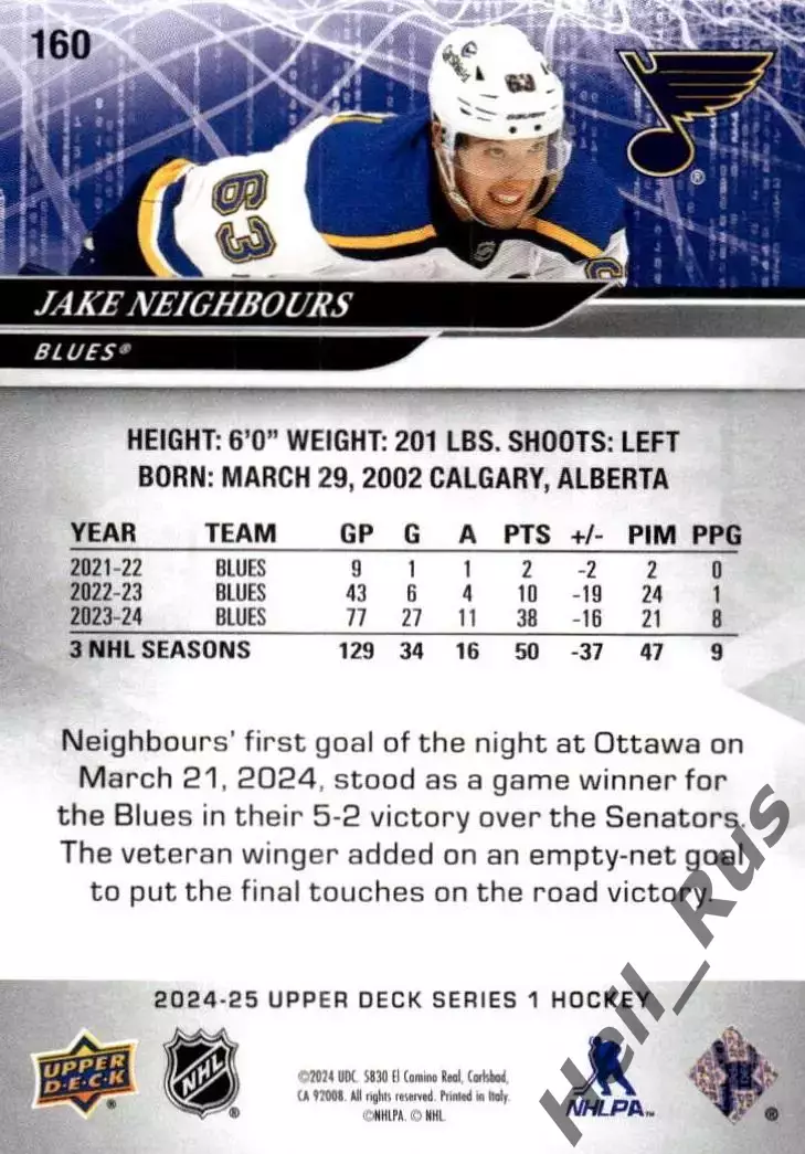 Карточка Jake Neighbours/Джейк Нейборс (St. Louis Blues/Сент-Луис Блюз) НХЛ/NHL 1