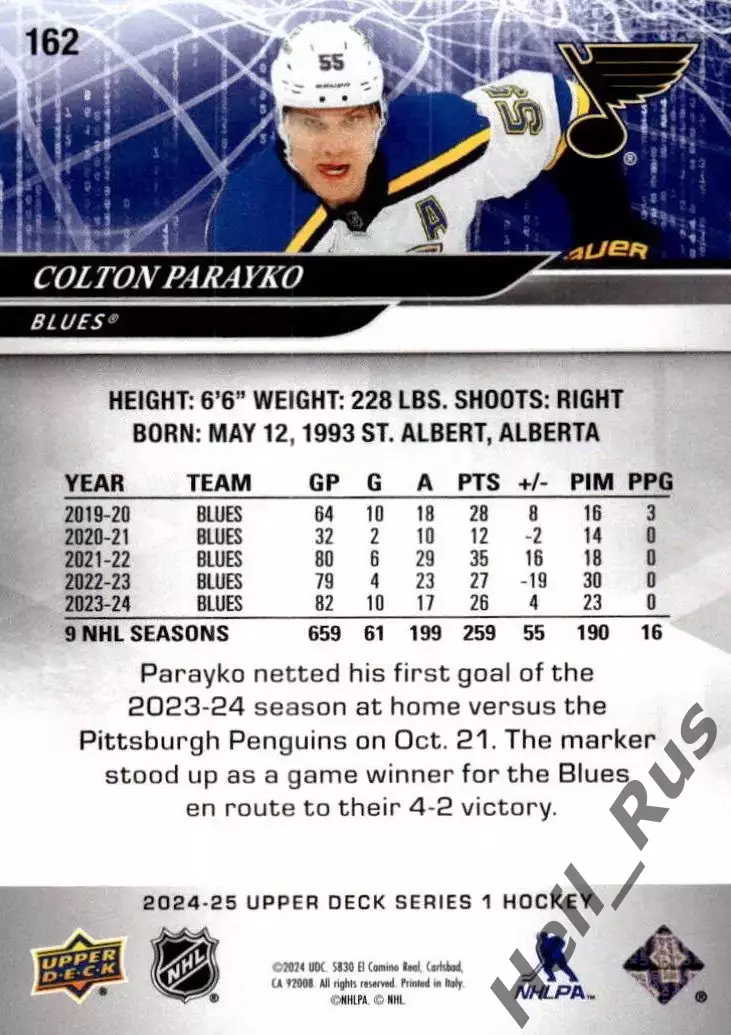 Карточка Colton Parayko/Колтон Парайко (St. Louis Blues/Сент-Луис Блюз) НХЛ NHL 1