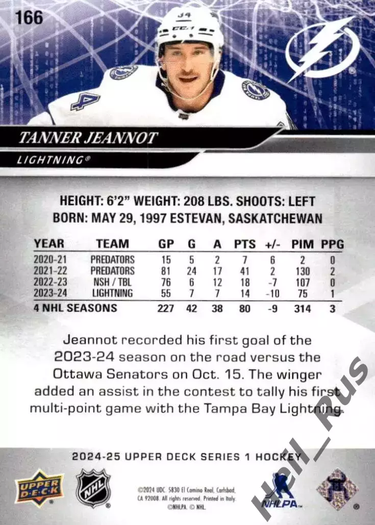 Карточка Tanner Jeannot/Таннер Жанно (Tampa Bay Lightning / Тампа-Бэй) НХЛ/NHL 1