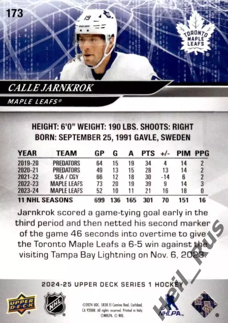 Карточка Jarnkrok/Калле Йернкрук Toronto Maple Leafs/Торонто Мейпл Лифс NHL/НХЛ 1