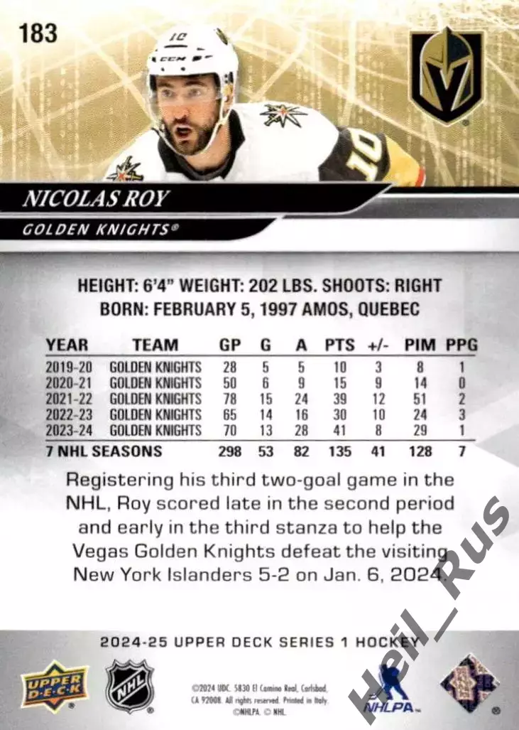 Хоккей. Карточка Nicolas Roy / Николя Руа (Vegas Golden Knights/Вегас) НХЛ/NHL 1